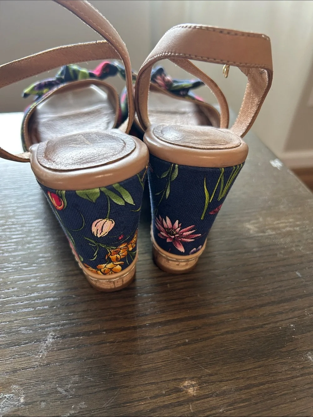 Clarks Navy Floral Bow Wedge Sandals with Tan Straps